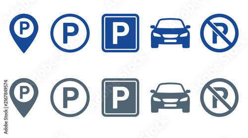 Blue and gray parking sign collection featuring vehicle icons and location pin vector graphic symbols