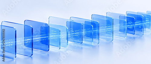 Abstract tech banner with overlapping blue glass tiles row, IT concept highlighting data block sequencing and digital order, 3D rendering