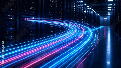 Dynamic neon light trails emerging from server racks illustrating high speed data processing and digital network flow.