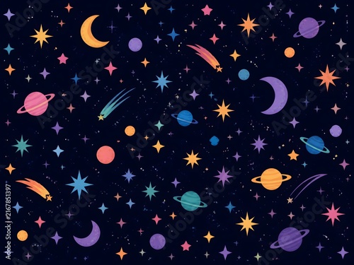 surreal fantasy Flat star night sky pattern. Colorful Cosmos pattern with stars