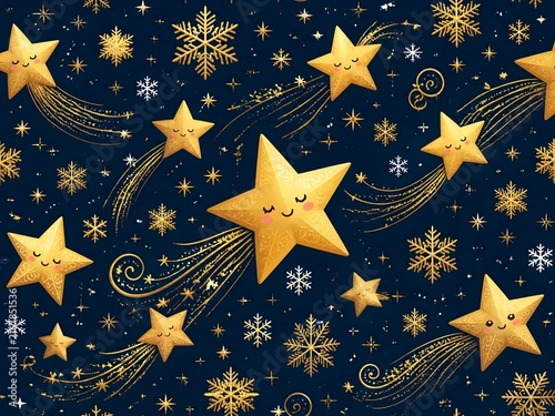 surreal fantasy Festive cute pattern with gold flying stars. background with snowflakes and star