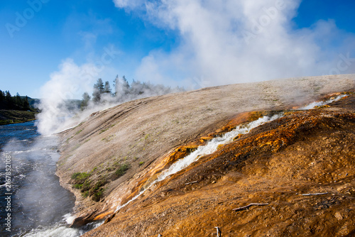 Canvastavla Morning in the midway gyser basin, fumaroles on Firehole river with hot steam ri