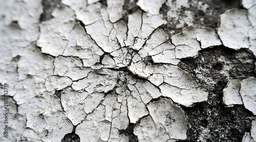 Close up macro of weathered cracked white paint on aged surface for grunge industrial design texture backgrounds.