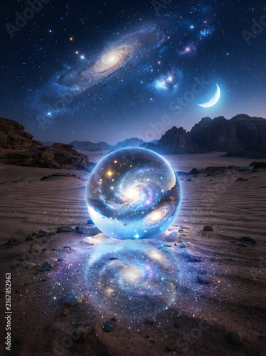 Cosmic crystal sphere rests on desert sand reflecting spiral galaxy under starry night sky for fantasy concept.