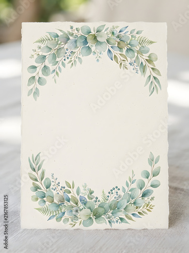 Blank watercolor greeting card with green eucalyptus foliage frame placed on tabletop for wedding invitations.