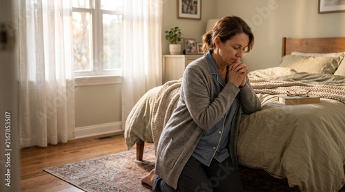 Woman kneeling in prayer in a room lit by natural light.