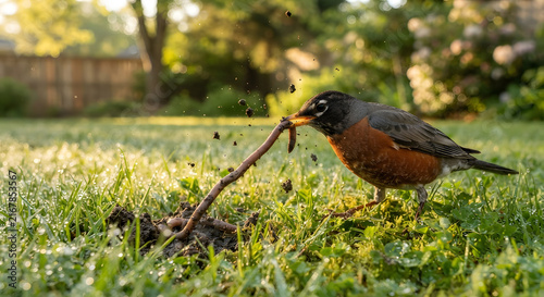 American robin pulling an earthworm from the ground in a green grassy garden