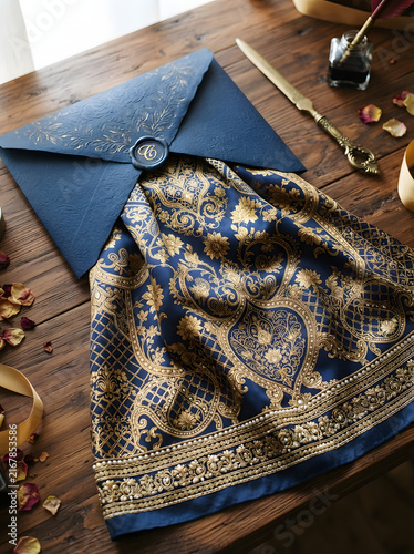 Luxury blue envelope with elegant gold damask fabric on rustic wooden desk for royal invitation stationery.