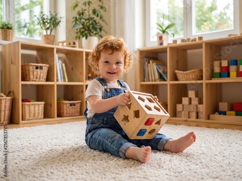 Happy toddler playing with wooden shape sorter toy indoors
