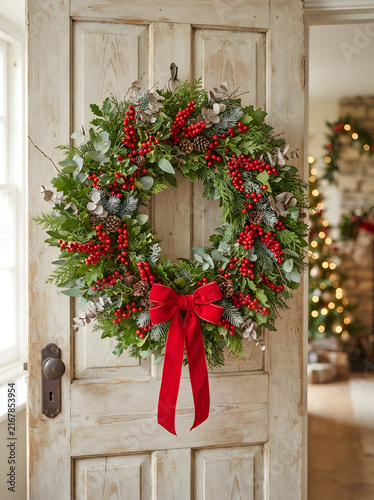 Rustic christmas wreath with vibrant red berries and pinecones hanging on aged wooden door for festive home decor.