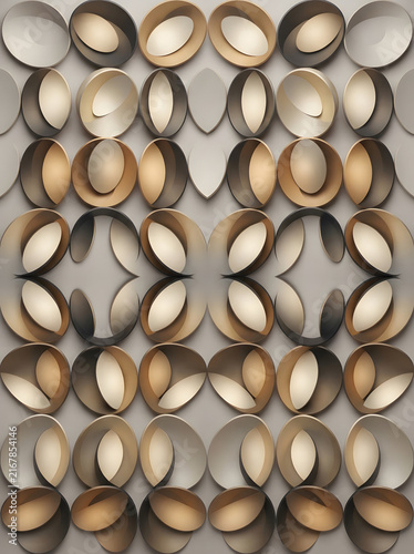 Abstract golden oval metallic cups texture background for elegant 3d luxury interior wall paneling designs.