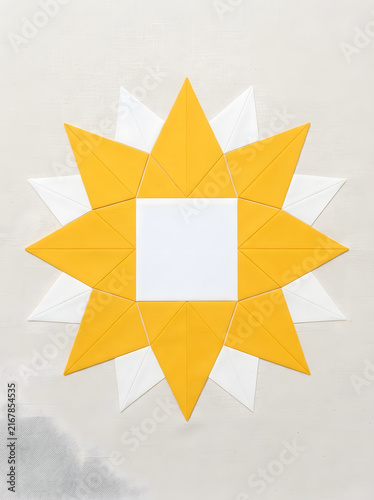Minimalist paper craft sunflower illustration showcases sharp yellow triangular petals against white backdrop.