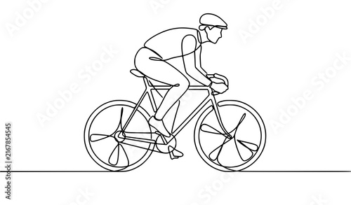 Hand drawn bicycle athlete vintage continuous line icon with cyclist riding classic bike black and white vector artwork