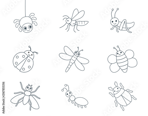 Insects Set. Coloring Pages. Silhouettes. Black White Hand drawn illustrations for Kids. Bee, Ladybug, Mosquito, Fly, Ant, Bug, Spider, Dragonfly, Grasshopper. Cute Insects isolated on White Backgroun