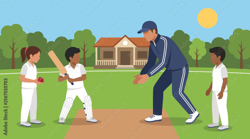 Obraz premium Cricket Coach Training Young Players On Field