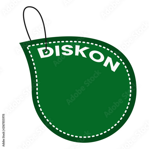 Green Hanging Price Tag Badge Vector Illustration with White Diskon Text