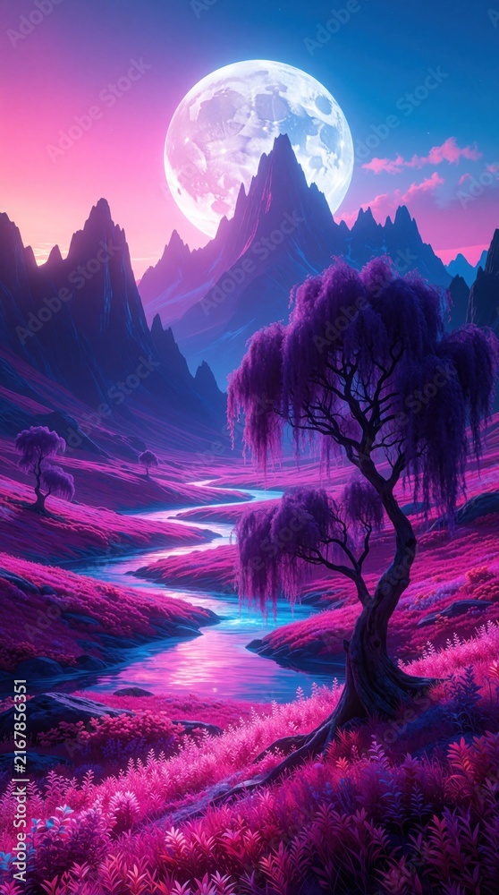 Naklejka premium Fantasy landscape with giant moon over purple mountains. Pink river flows through magic forest with willow trees. Dreamy scenery shows colorful hills, misty valley under night sky. Vibrant digital