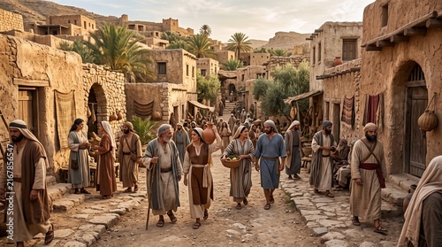 Ancient Middle Eastern city with people in historical costumes