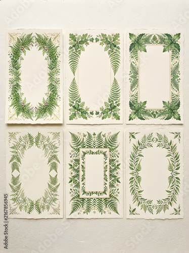 Botanical fern leaf borders and botanical frames set on textured vintage paper for wedding invitations.