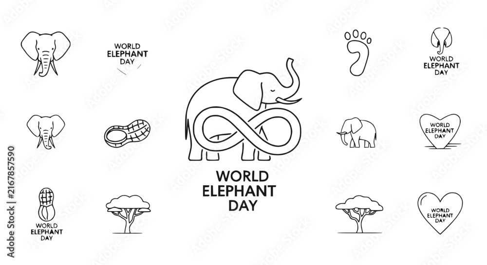 Obraz premium World Elephant Day Celebration Icons Set - Elephant, Peanut, Tree, Footprint