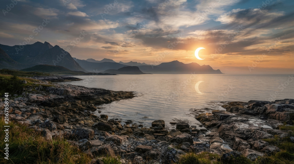 Obraz premium Partial solar eclipse illuminates rocky coastal shoreline and distant mountains with soft light reflecting on calm ocean water flow.