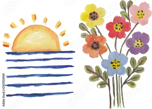 Sun and Flowers Elements Set Hand Drawn Watercolor