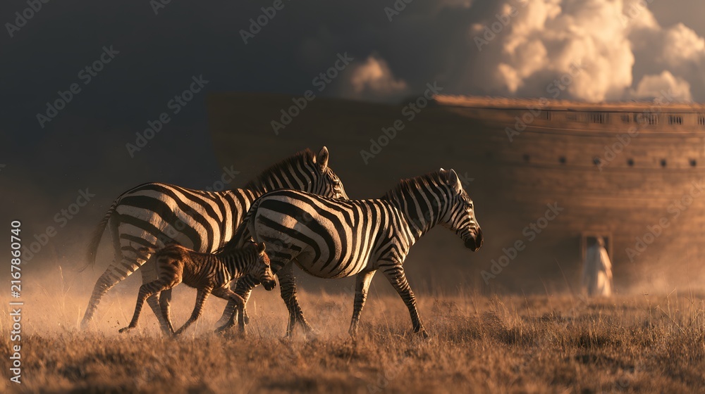 Naklejka premium Zebras with foal walking toward noahs ark in dusty light