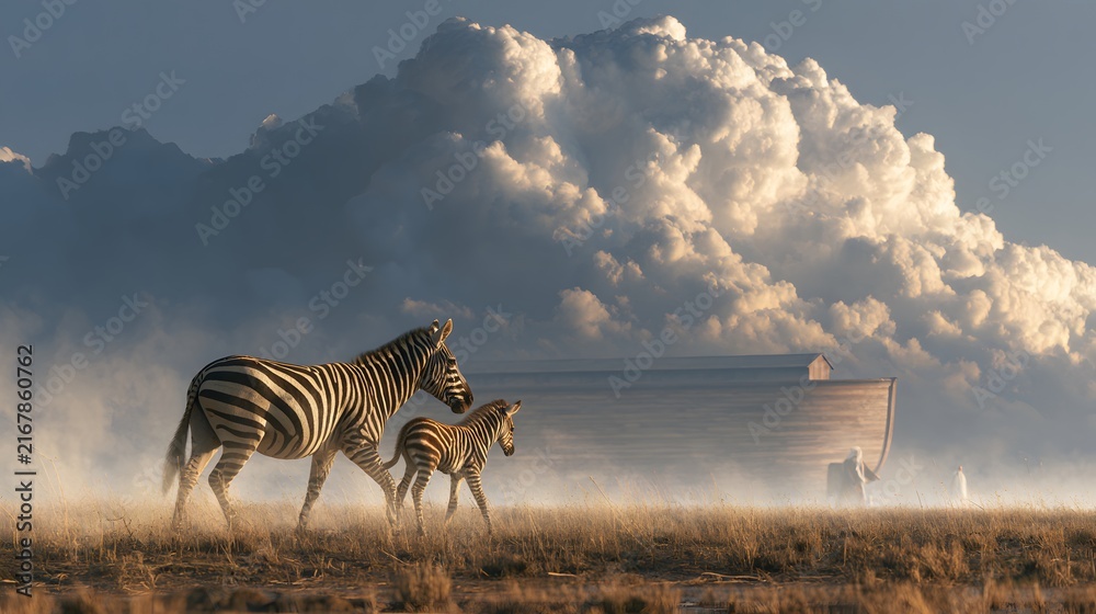 Naklejka premium Zebra and foal walking toward noahs ark under massive clouds