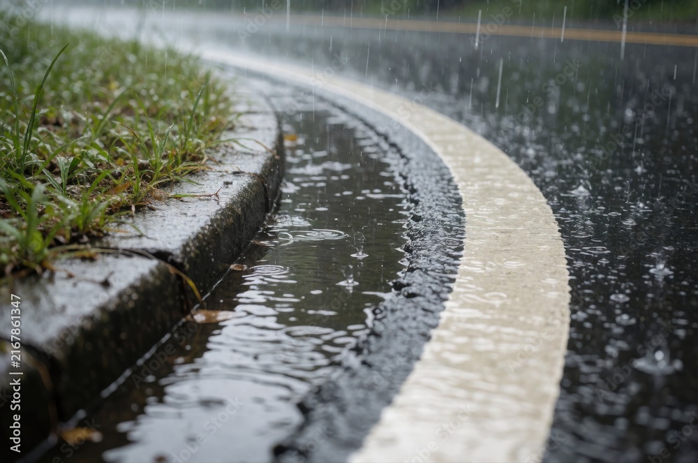 Fototapeta premium A close-up view of a curved roadside curb during a heavy rainstorm with water pooling on asphalt.