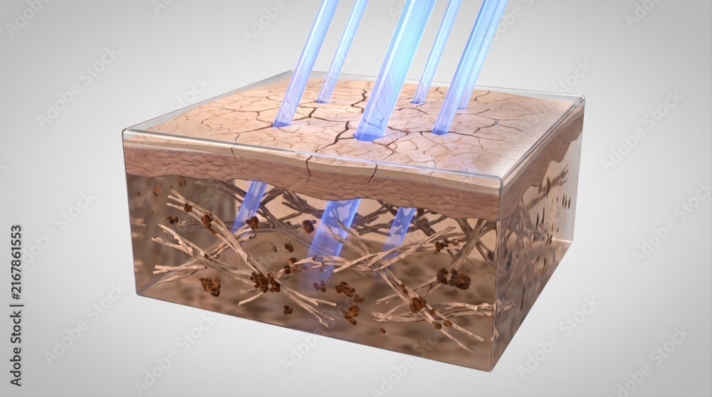 Fototapeta premium A 3D cross-section illustration showing blue light rays penetrating dry, textured skin layers.