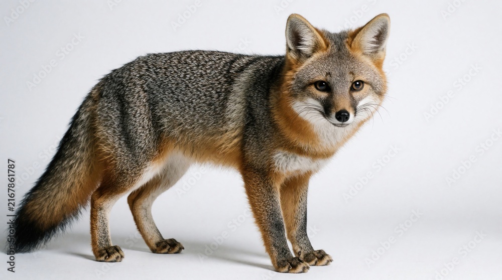 Naklejka premium Gray fox stands on white background. Wild mammal with thick fur looks at camera in studio. Cute predator animal poses for portrait. Grey fox fur texture shows detail of canine species isolated on