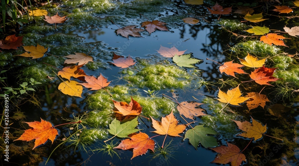 Naklejka premium Colorful autumn maple leaves float on still wetland water surface. Green algae, moss grow in calm pond. Natural texture of organic plant matter in lake ecosystem during fall season. Autumn foliage
