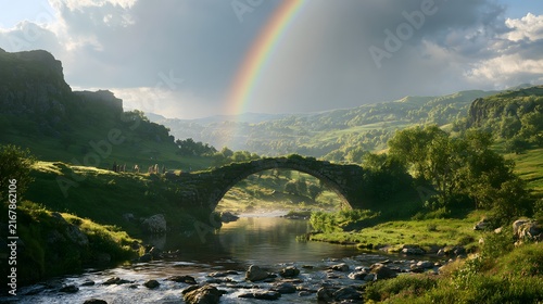 Scenic stone arch bridge over a flowing river in a vibrant green valley under a rainbow