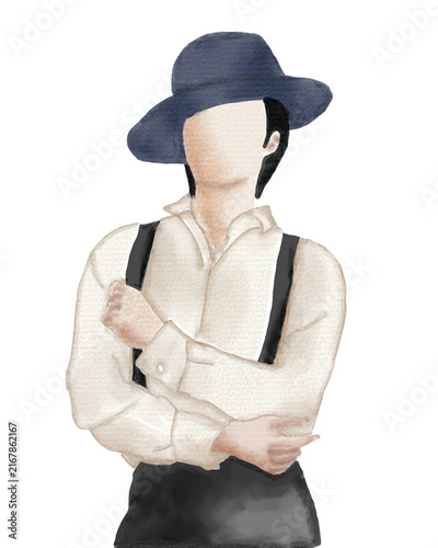 Fotografie ​A minimalist watercolor illustration of a stylish man wearing a fedora hat, whi