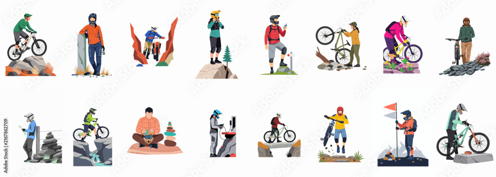 Fototapeta premium Collection of Flat Vector Illustrations Featuring Mountain Bikers and Hikers in Various Outdoor Landscapes and Active Scenarios