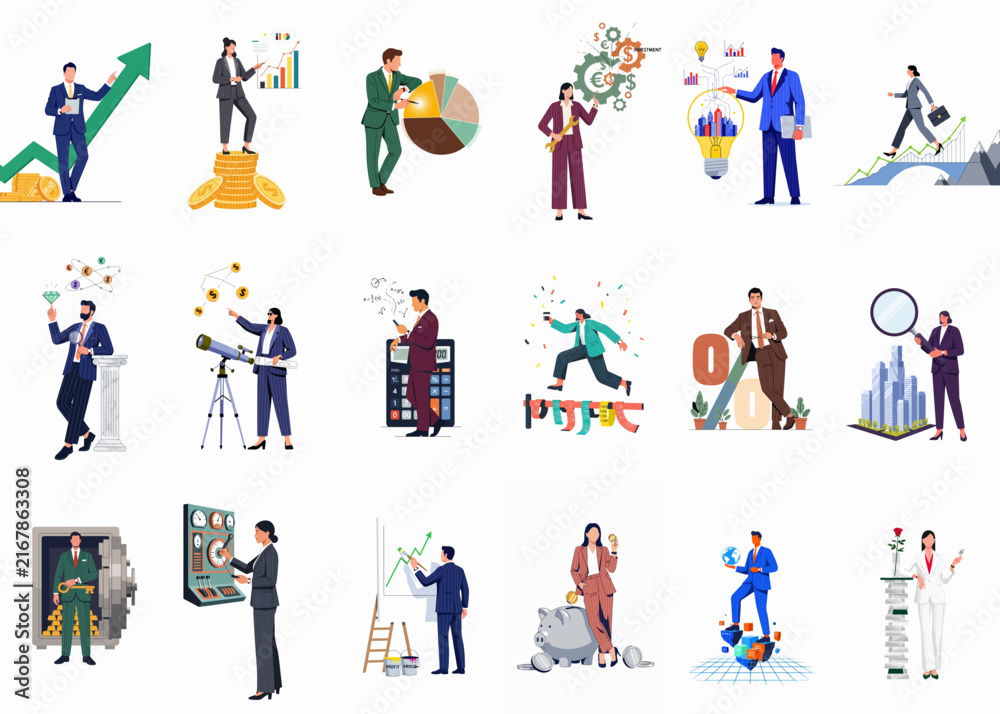 Fototapeta premium Set of Business and Finance Character Illustrations Depicting Investment, Growth, Data Analysis, and Strategic Planning for Corporate Success
