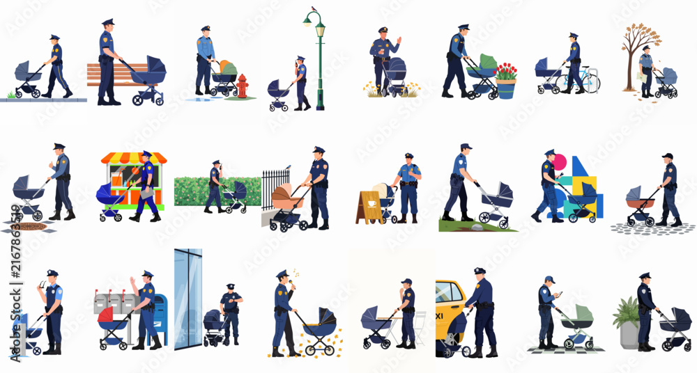 Fototapeta premium Collection of various illustrations featuring a police officer in uniform pushing a baby stroller in different daily life scenarios and urban settings.