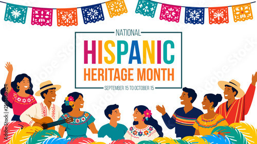 National Hispanic Heritage Month Celebration with Latino Family in Traditional Clothing and Colorful Papel Picado Vector Illustration