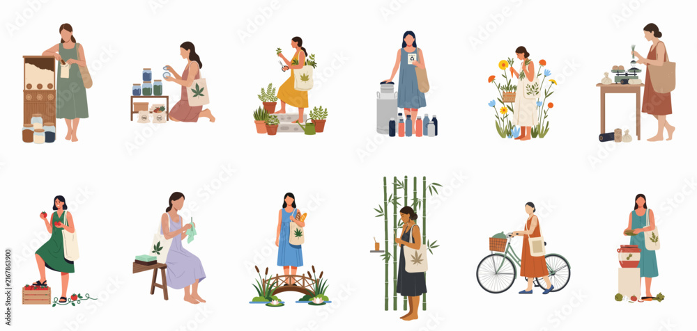 Fototapeta premium Flat illustration set of women practicing a sustainable and eco-friendly lifestyle, including bulk shopping, gardening, and using reusable products on a white background.