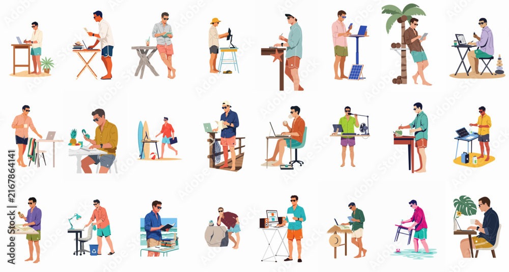 Fototapeta premium Collection of Digital Nomads Working Remotely in Various Summer and Beach Settings, Flat Illustration of Flexible Workspace and Remote Employment Concepts.