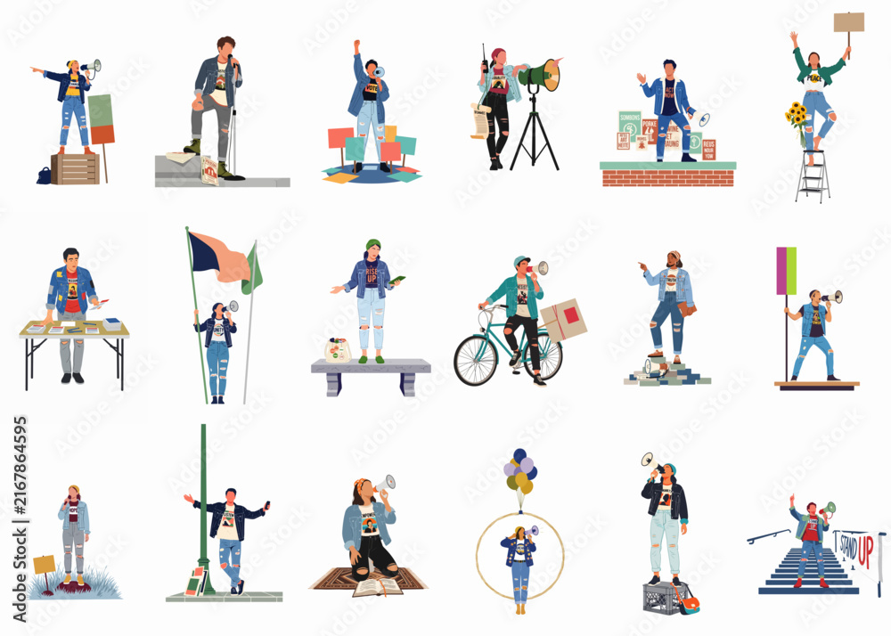 Fototapeta premium Set of Individual Flat Character Illustrations of Young Protesters and Activists Holding Placards, Flags, and Megaphones for Social Justice Movements.