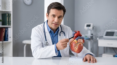 Portrait of a smiling male cardiologist teaching cardiovascular anatomy using a 3D heart model