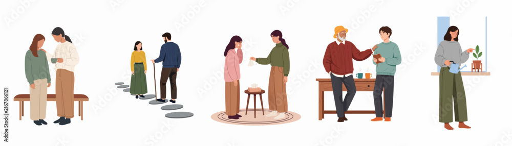 Obraz premium Collection of flat style illustrations depicting people in various everyday scenes such as talking, walking together, and performing daily household tasks.