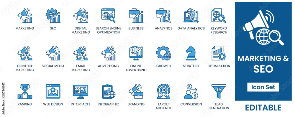 Fototapeta premium Marketing and SEO icon set in blue color style for digital business growth.