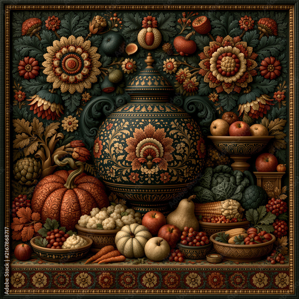 Obraz premium Ornate decorative illustration of an urn surrounded by autumn harvest fruits and vegetables