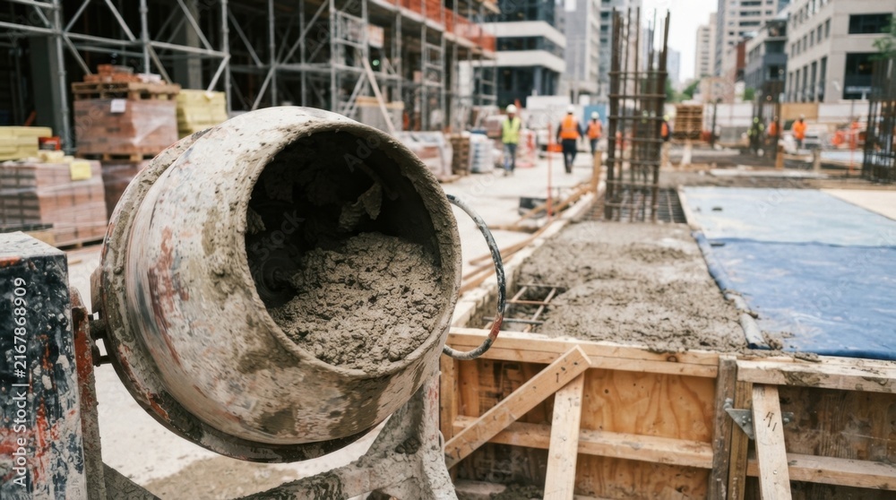Fototapeta premium Sustainable concrete construction with calcined clay mix, reinforced formwork, curing blankets, fresh poured slabs, scaffolding, and stacked pallets at an urban build site.