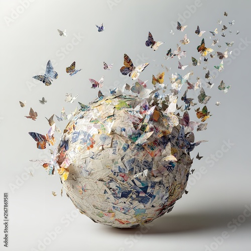 Recycled Paper World Globe Swarming with Flying Paper Butterflies Ecosystem Concept Photo