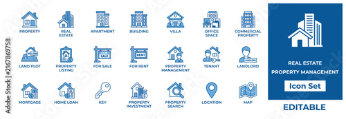 Real estate and property management icon set with house building and mortgage symbols in blue.