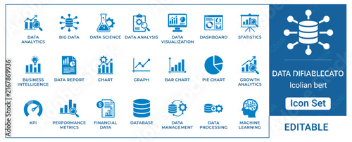 Data analysis and performance metrics icon set with blue corporate symbols for business dashboard and information management.