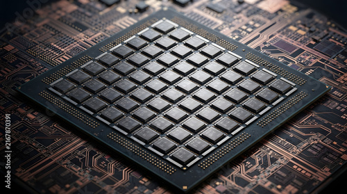 Obraz na płótnie High performance computer processor chip with multiple square microchips on dark metallic circuit board surface.